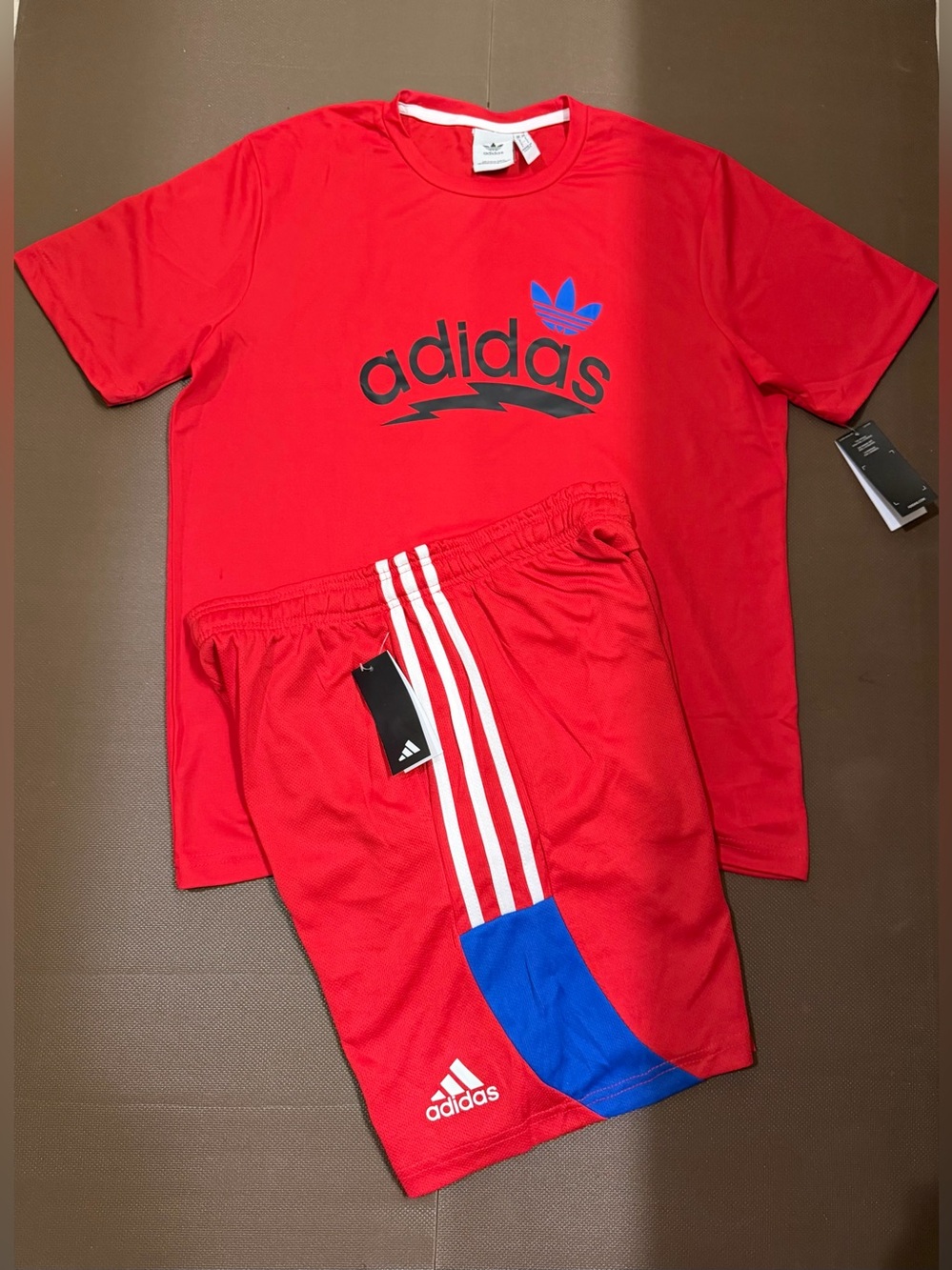 adidas 2pc Red Athletic Shorts And Shirt With Blue Panel